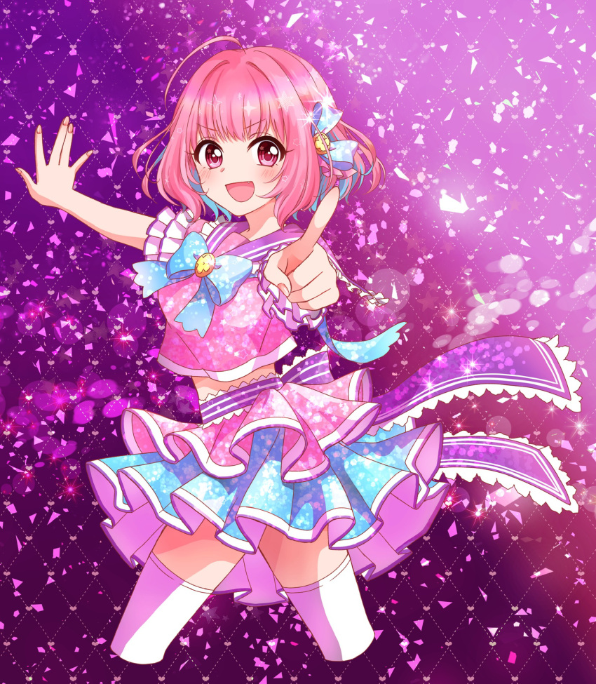 1girl ahoge blue_skirt chiaki1126iove cropped_legs cropped_shirt fang frills hair_intakes hair_ribbon highres idolmaster idolmaster_cinderella_girls multicolored_hair open_mouth outstretched_arms pink_eyes pink_hair pink_shirt pink_skirt pointing pointing_at_viewer purple_background purple_sailor_collar ribbon sailor_collar shirt skirt solo sparkle star_(symbol) star_print thigh-highs thighs twisted_torso two-tone_hair v-shaped_eyebrows white_thighhighs yumemi_riamu