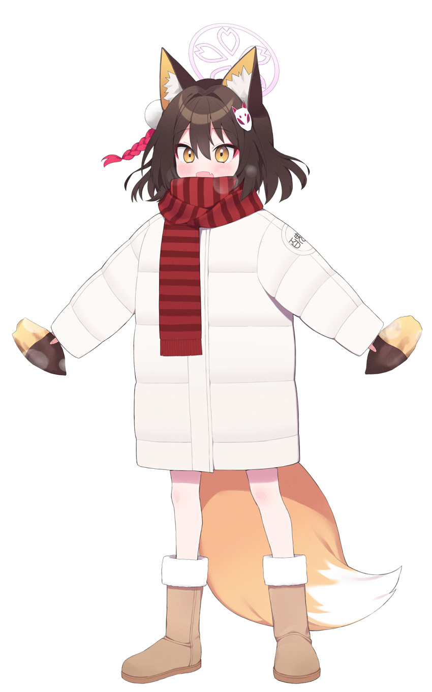 1girl animal_ears billbung blue_archive blush boots brown_footwear brown_hair coat fang fox_ears fox_tail full_body hair_between_eyes halo highres izuna_(blue_archive) long_sleeves open_mouth pink_halo red_scarf scarf short_hair simple_background skin_fang smile solo tail white_background white_coat yellow_eyes