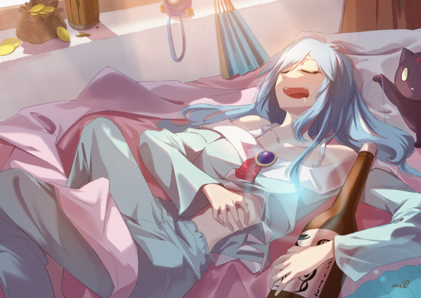 1girl alcohol aqua_(konosuba) bed belly blue_eyes blue_gemstone blue_hair blue_pajamas bottle bow chomusuke closed_eyes coin cup drooling gem gold gold_coin hair_ornament hair_rings hand_fan hand_on_own_stomach happy highres holding holding_bottle kono_subarashii_sekai_ni_shukufuku_wo! long_hair messy mi24789 morning mouth_drool on_bed open_mouth pajamas playing_with_another's_hair red_bow saliva sleeping sleepwear smile solo sunlight sunrise very_long_hair