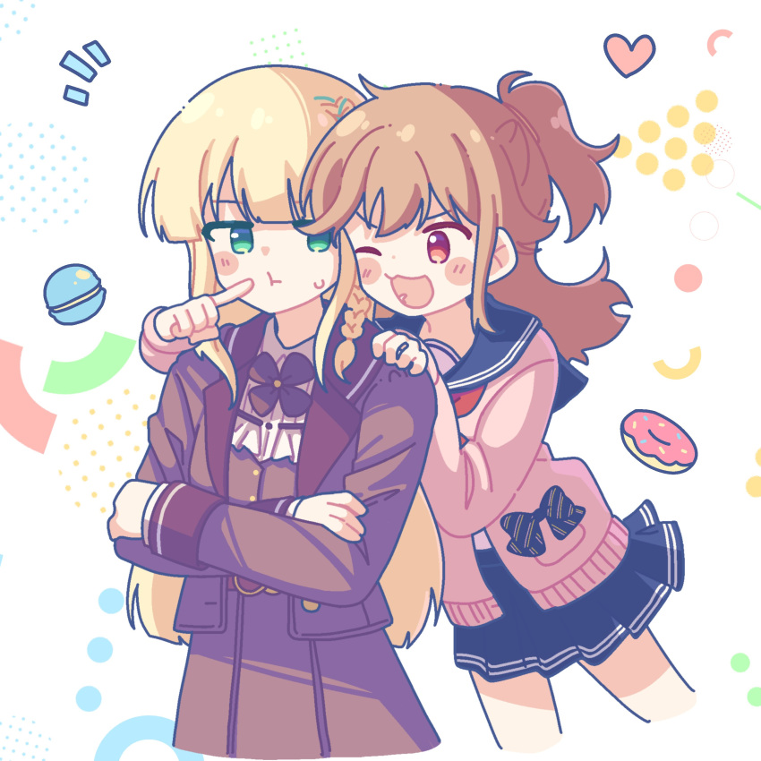 2girls :t ;d ;t absurdres black_sailor_collar black_skirt blonde_hair blush_stickers braid brown_hair brown_jacket brown_skirt brown_vest cardigan cheek_poking closed_mouth commentary cropped_legs crossed_arms doughnut food green_eyes hand_on_another's_shoulder hayasaka_mei heart highres ichinose_rei idoly_pride jacket kabotd long_hair long_sleeves macaron multiple_girls notice_lines one_eye_closed open_cardigan open_clothes pink_cardigan pleated_skirt poking ponytail pout puffy_long_sleeves puffy_sleeves red_eyes sailor_collar school_uniform serafuku shirt skirt smile sweat very_long_hair vest white_shirt