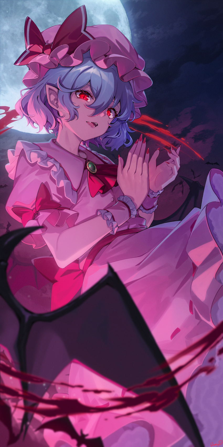 1girl absurdres bat_(animal) bat_wings blue_hair bow dango_remi dress fangs fingernails frilled_dress frills full_moon hat hat_bow highres long_fingernails mob_cap moon open_mouth pink_dress red_eyes red_nails remilia_scarlet short_sleeves slit_pupils touhou vampire wings wrist_cuffs