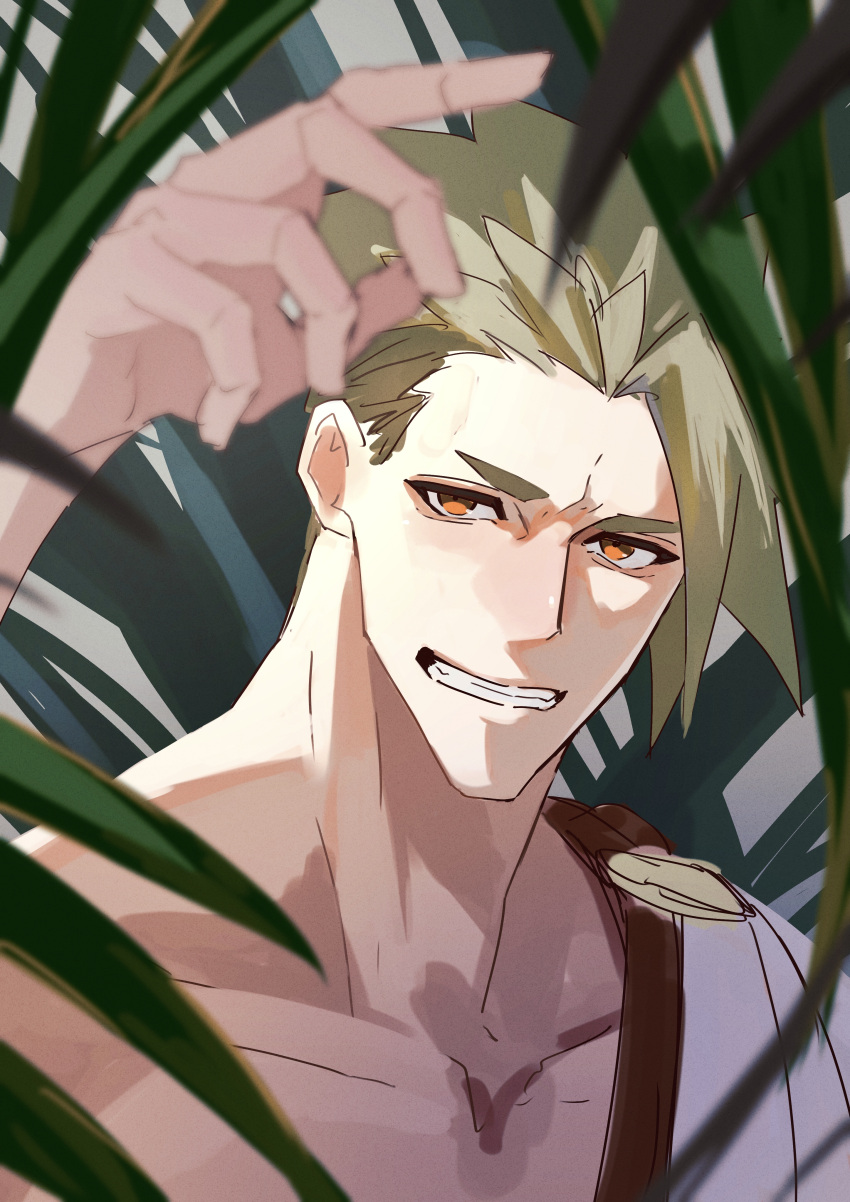 1boy absurdres achilles_(fate) ancient_greek_clothes bags_under_eyes blurry collarbone depth_of_field fate_(series) greco-roman_clothes grin haruakira highres looking_at_viewer male_focus mature_male orange_eyes outdoors plant short_hair smile solo undercut upper_body white_tunic