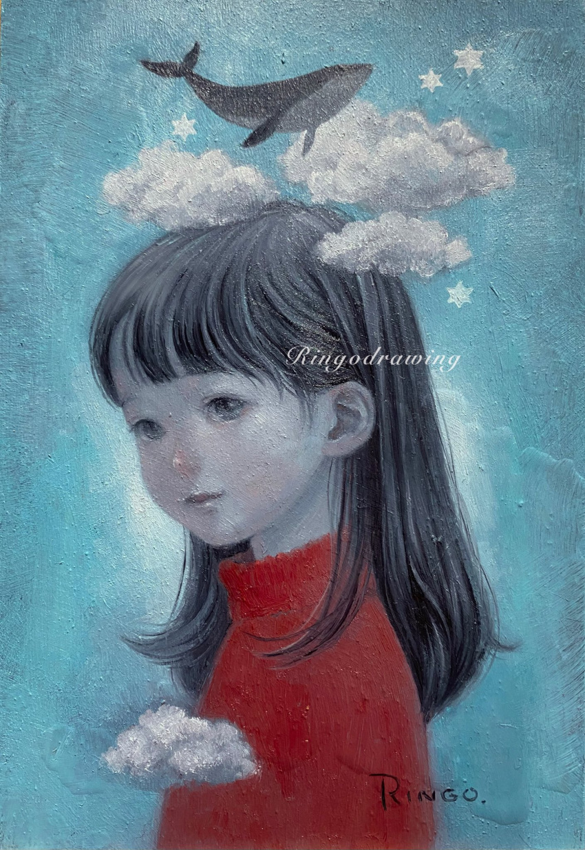 1girl black_eyes black_hair blue_background clouds commentary_request flying_whale highres light_smile long_hair looking_at_viewer oil_painting_(medium) original painting_(medium) red_sweater ringodrawing solo star_(symbol) sweater traditional_media turtleneck turtleneck_sweater upper_body whale