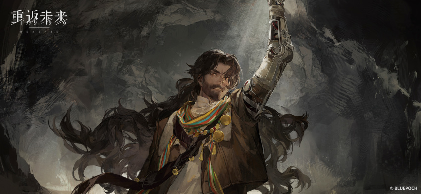1girl arm_up beard bell brown_coat brown_eyes brown_hair cave clenched_teeth coat copyright copyright_name curly_hair dark dark-skinned_male dark_skin facial_hair highres jewelry logo long_hair looking_at_viewer male_focus mature_male mechanical_arms multicolored_clothes multicolored_scarf mustache neck_bell necklace official_art official_wallpaper parted_bangs prosthesis prosthetic_arm reverse:1999 robe scarf shamane single_mechanical_arm solo teeth upper_body v-shaped_eyebrows white_robe