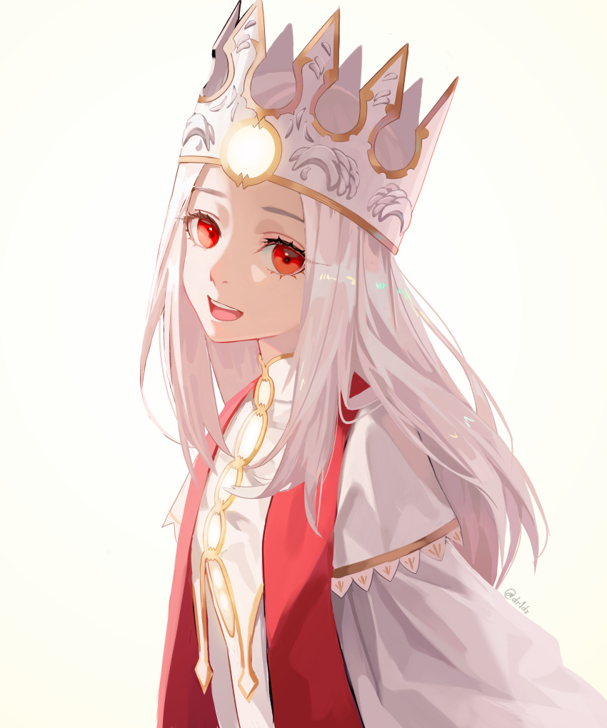 1girl absurdres crown dress drid fate/stay_night fate_(series) heaven's_feel highres illyasviel_von_einzbern illyasviel_von_einzbern_(dress_of_heaven) long_hair open_mouth red_eyes solo stole twitter_username upper_body white_dress white_hair