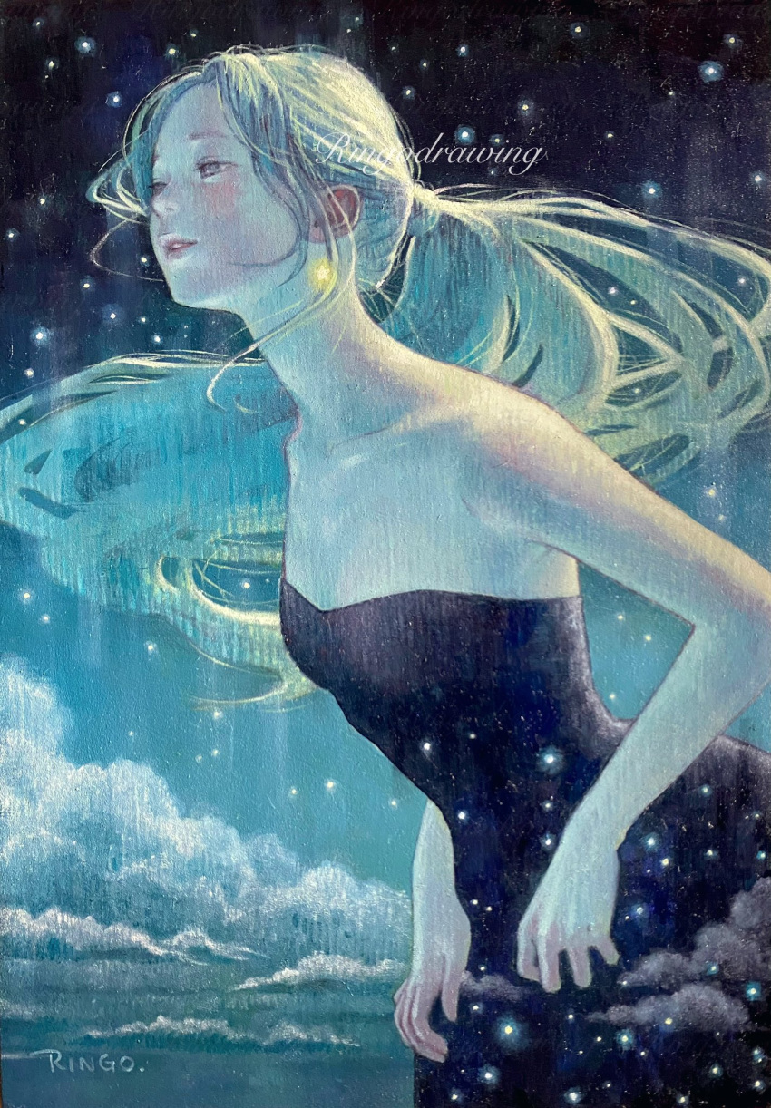 1girl bare_shoulders black_dress blonde_hair blush breasts clouds commentary_request dress earrings floating_hair grey_eyes highres jewelry long_hair looking_to_the_side oil_painting_(medium) original painting_(medium) parted_lips ponytail ringodrawing sky small_breasts solo star_(sky) star_(symbol) star_earrings starry_sky strapless strapless_dress traditional_media upper_body very_long_hair