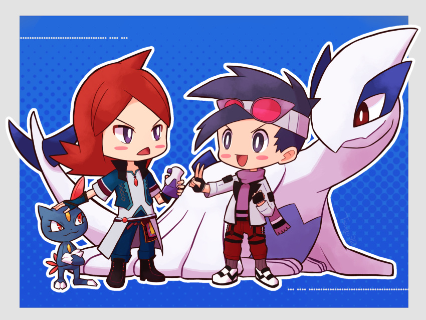 2boys alternate_color blue_background blush_stickers chibi claws commentary_request ethan_(pokemon) ethan_(sygna_suit)_(pokemon) fingerless_gloves gloves goggles goggles_on_head highres looking_at_another lugia male_focus multiple_boys official_alternate_costume outline pokemon pokemon_(game) pokemon_masters_ex potion_(pokemon) red_eyes redhead scarf silver_(pokemon) silver_(sygna_suit)_(pokemon) smile sneasel tail tsugomori_(sprn303) v-shaped_eyebrows violet_eyes white_outline