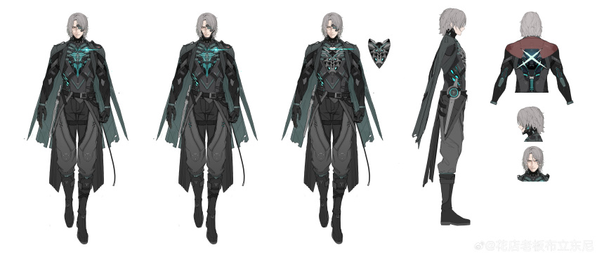 1boy absurdres belt boots cape eyepatch facial_hair glowing_heart grey_hair highres looking_at_viewer mechanical_heart mechanical_parts official_art one_eye_covered profile punishing:_gray_raven reference_sheet scar stubble torn_cape torn_clothes watanabe_(punishing:_gray_raven) yellow_eyes