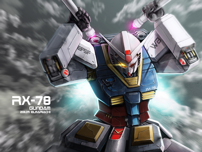 2011 battle beam_saber character_name clouds dated earth_federation_space_forces english_commentary english_text glowing glowing_eye gundam machinery mecha mecha_focus mobile_suit mobile_suit_gundam motion_blur no_humans real-elmariachi robot roundel rx-78-2 signature thrusters upper_body yellow_eyes