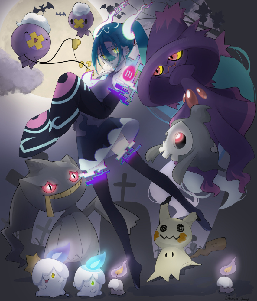 1girl absurdres aqua_hair banette black_thighhighs detached_sleeves drifloon duskull fire ghost ghost_miku_(project_voltage) glitch gradient_hair graveyard grey_shirt hair_between_eyes hatsune_miku highres litwick long_hair mimikyu mismagius moon multicolored_hair murkrow necktie nonkun pale_skin parted_lips pokemon pokemon_(creature) project_voltage red_eyes see-through see-through_skirt shirt skirt sleeves_past_fingers sleeves_past_wrists thigh-highs tombstone twintails very_long_hair vocaloid will-o'-the-wisp_(mythology) woobat yellow_eyes zipper zipper_pull_tab zubat