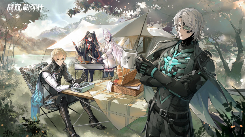 2boys 2girls artist_request baguette black_hair blonde_hair blue_eyes bread camping cape cooking crossed_arms cup eyepatch facial_hair food frown grass grey_hair grill highres holding holding_cup holding_screwdriver horns jacket lake lee:_hyperreal_(punishing:_gray_raven) lee_(punishing:_gray_raven) liv:_eclipse_(punishing:_gray_raven) liv_(punishing:_gray_raven) long_hair looking_at_viewer lucia:_plume_(punishing:_gray_raven) lucia_(punishing:_gray_raven) mechanical_arms mechanical_parts mountain mug multiple_boys multiple_girls necktie official_art one_eye_covered outdoors picnic_basket pink_eyes punishing:_gray_raven red_eyes scar screwdriver sitting smile stubble table tent tree twintails watanabe_(punishing:_gray_raven) white_hair yellow_eyes