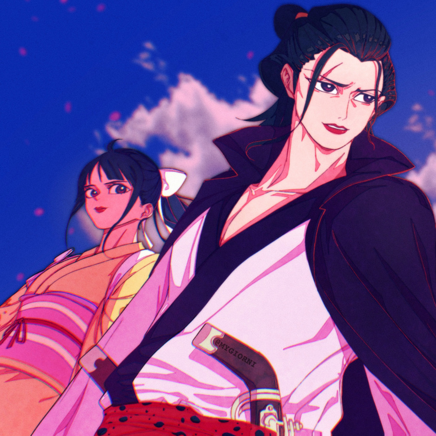 2boys black_cape black_hair blue_hair blunt_bangs brothers cape closed_mouth clouds cloudy_sky commentary dual_wielding english_commentary gun hair_ornament hair_ribbon highres holding izou_(one_piece) japanese_clothes kikunojo_(one_piece) kimono long_hair male_focus multiple_boys mygiorni one_piece otoko_no_ko outdoors pink_kimono ponytail ribbon sash scar scar_across_eye scar_on_face siblings sky teeth traditional_clothes weapon yellow_kimono