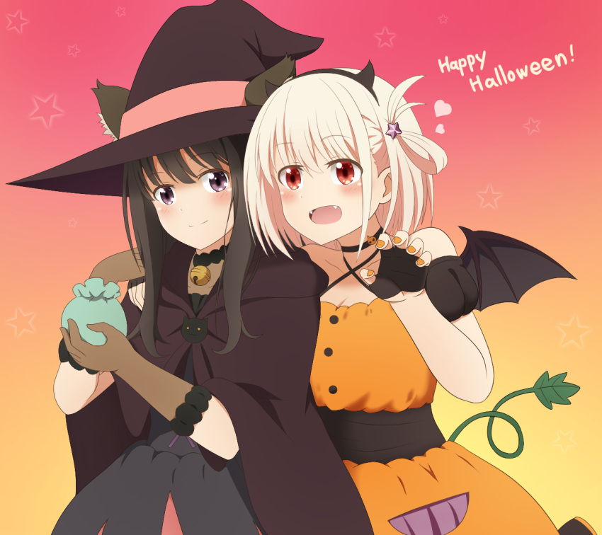 2girls animal_ears arm_around_neck bell black_choker black_cloak black_dress black_gloves black_hair black_wings blonde_hair blue_eyes bob_cut brown_gloves choker claw_pose cloak closed_mouth commentary criss-cross_halter demon_horns demon_tail demon_wings dress ears_through_headwear english_text fangs fingerless_gloves gloves gradient_background halloween halloween_costume halterneck hand_on_another's_shoulder happy_halloween hat heart highres hood hood_down hooded_cloak horns inoue_takina jingle_bell long_hair lycoris_recoil multiple_girls neck_bell nishikigi_chisato nuts_tuna open_mouth orange_background orange_dress orange_nails pink_background red_eyes short_hair side-by-side smile starry_background tail wings witch_hat