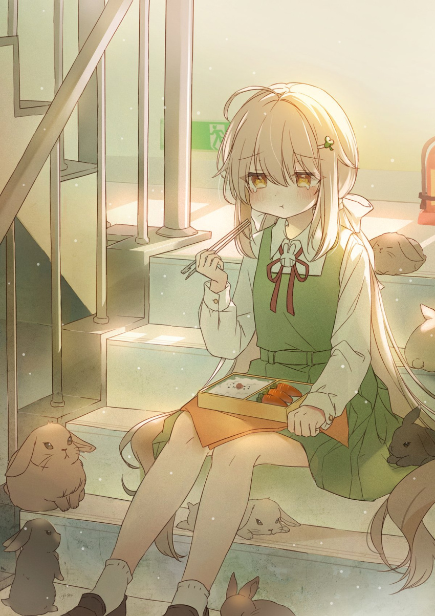 1girl bento breasts brown_eyes carrot chopsticks clenched_hand closed_mouth eating hair_between_eyes hair_ornament hairclip highres light_brown_hair long_hair low_twintails original rabbit school_uniform sitting sitting_on_stairs small_breasts solo spi stairs tears twintails