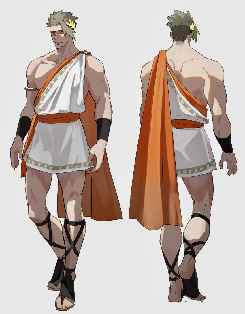 1boy absurdres achilles_(fate) ancient_greek_clothes armlet black_footwear brown_eyes collarbone fate_(series) full_body greco-roman_clothes green_hair haruakira highres laurel_crown male_focus multiple_views muscular muscular_male orange_sash pectorals sandals short_hair simple_background undercut white_background wrist_guards