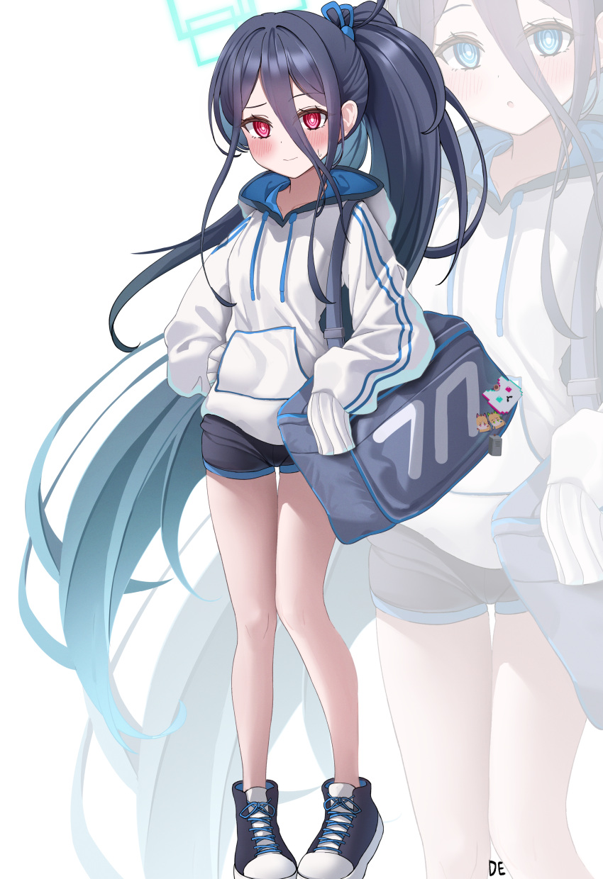 &lt;key&gt;_(blue_archive) 2girls absurdly_long_hair absurdres aris_(blue_archive) black_hair black_shorts blue_archive blue_eyes blush closed_mouth deriolet highres hood hoodie long_hair multiple_girls projected_inset red_eyes shoes shorts signature simple_background very_long_hair white_background white_hoodie