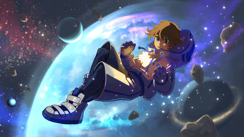 1boy asteroid black_panties blue_eyes brown_hair character_request check_character drawstring floating full_body gloves glowing highres hood hooded_jacket jacket kagamine_len looking_at_object lower_teeth_only male_focus okano_dei panties short_hair short_ponytail shorts solo space star_(sky) teeth underwear vocaloid white_footwear white_gloves white_shorts zipper_pull_tab