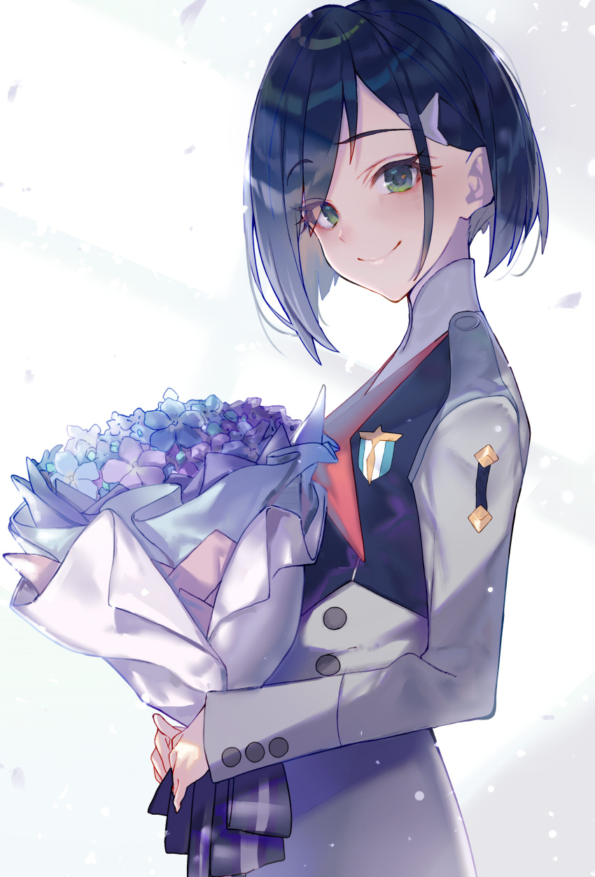 1girl absurdres asymmetrical_bangs black_jacket blue_flower blue_hair bob_cut bouquet breasts closed_mouth commentary darling_in_the_franxx eyelashes falling_petals flower from_side green_eyes grey_jacket grey_skirt hair_ornament hair_over_one_eye hairclip highres holding holding_bouquet ichigo_(darling_in_the_franxx) jacket light_particles long_sleeves looking_at_viewer looking_to_the_side military_uniform multicolored_clothes multicolored_jacket own_hands_together petals purple_flower raised_eyebrows short_hair simple_background skirt small_breasts smile solo standing tsukudani_(ore624) two-tone_jacket uniform upper_body white_background