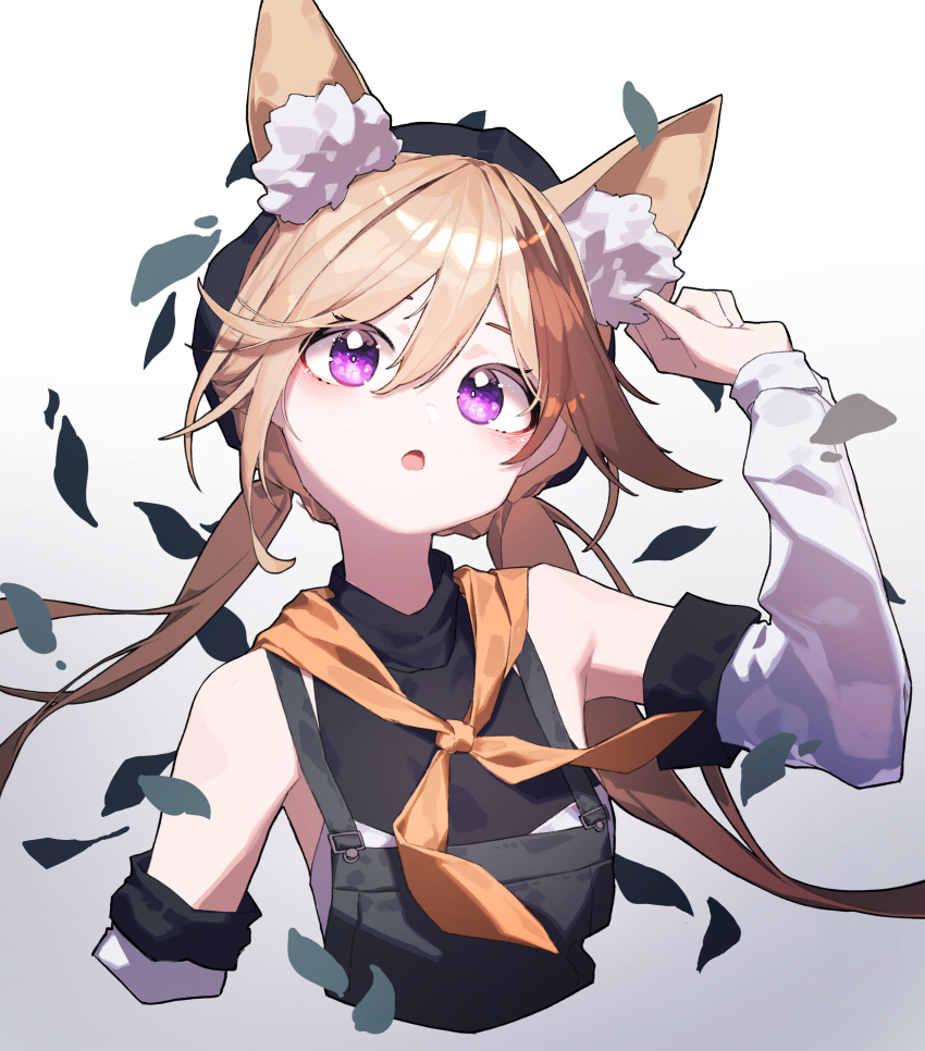 1girl :o absurdres animal_ear_fluff animal_ears arknights beret beudelb black_headwear black_overalls black_shirt blonde_hair cardigan_(arknights) cardigan_(sunny_day)_(arknights) commentary cropped_torso detached_sleeves dog_ears dog_girl falling_leaves gradient_background grey_background hair_between_eyes hat highres leaf long_hair looking_up neckerchief official_alternate_costume official_alternate_hairstyle open_mouth orange_neckerchief overalls shirt sleeveless sleeveless_shirt solo violet_eyes white_sleeves