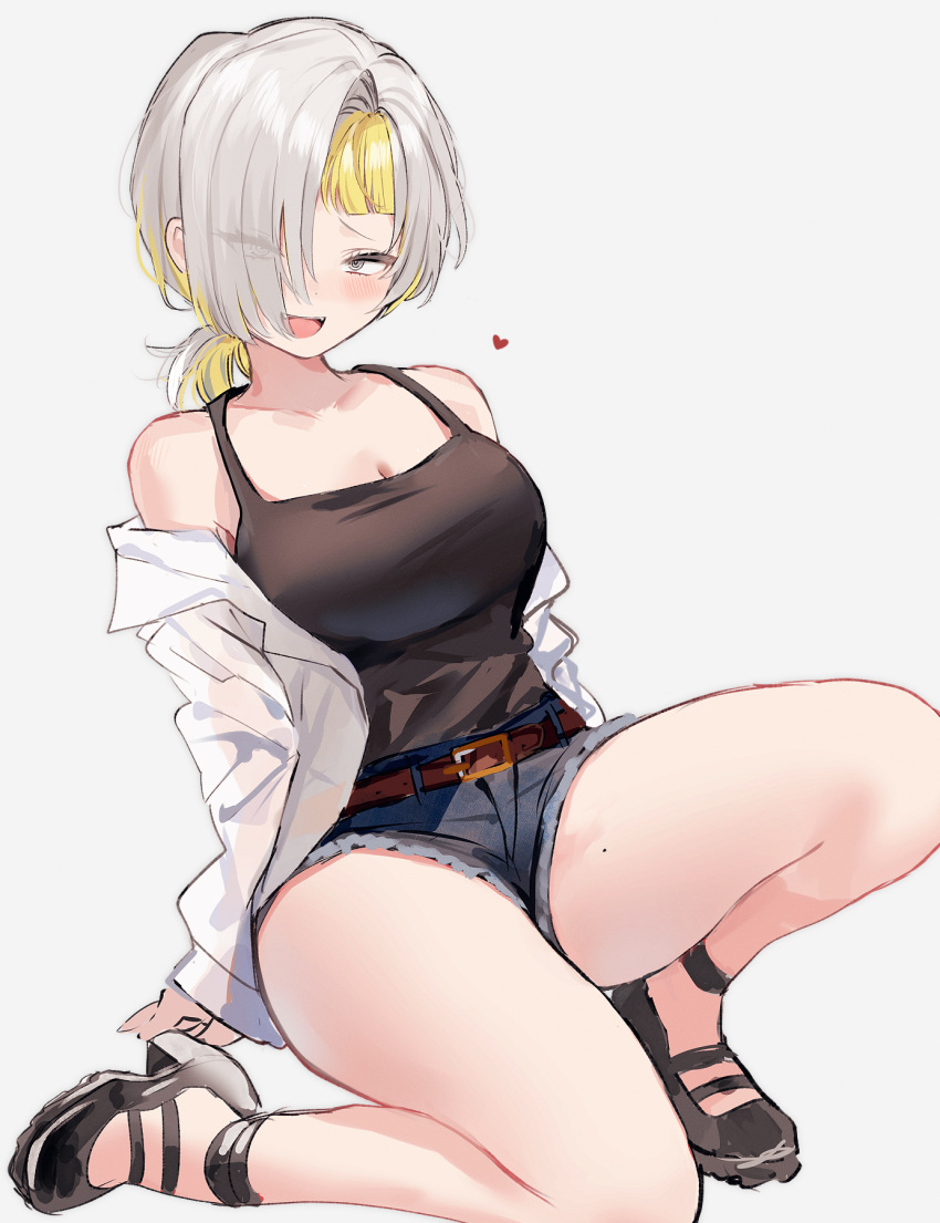 1girl blonde_hair breasts grey_eyes grey_hair highres kromer_(limbus_company) large_breasts limbus_company looking_at_viewer medium_hair migishita multicolored_hair project_moon simple_background thighs two-tone_hair white_background