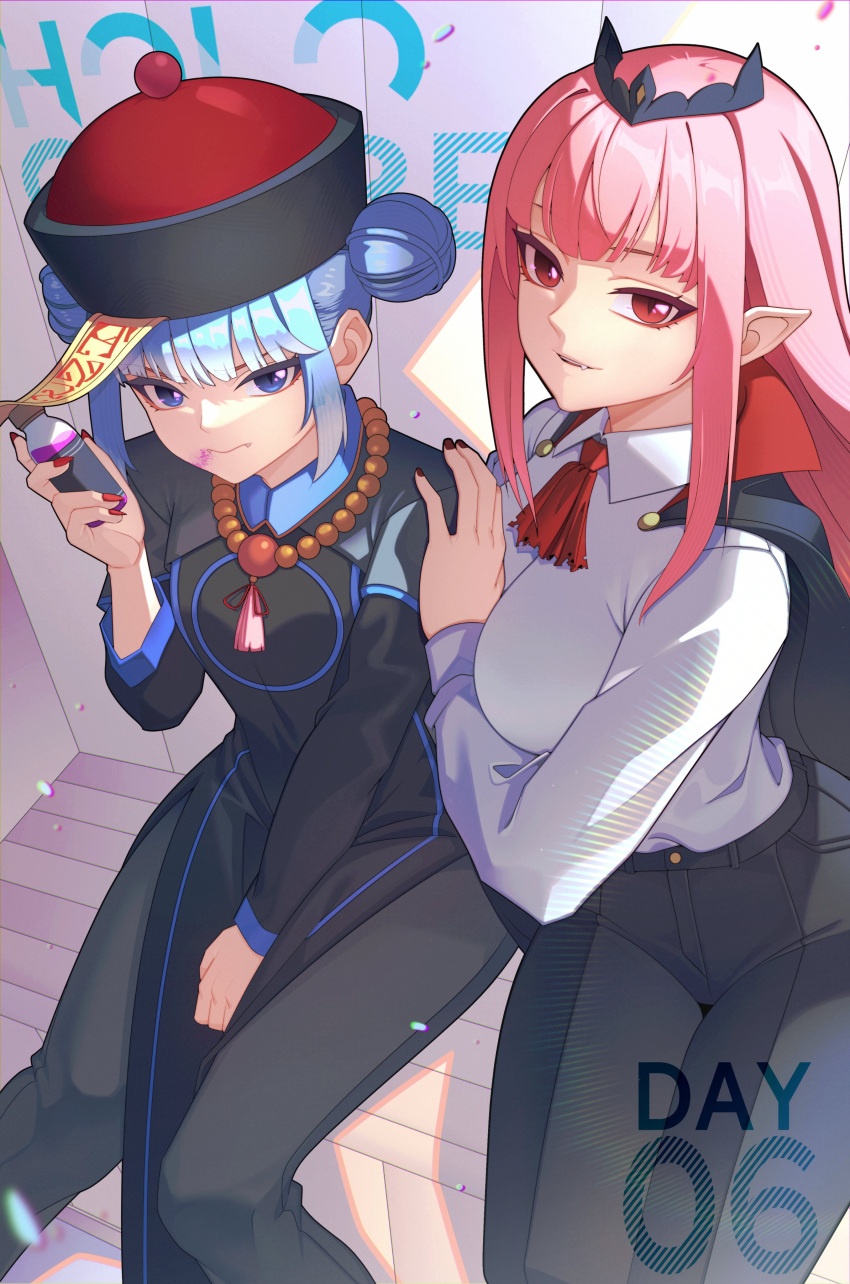 2girls absurdres anzailee black_cape blue_eyes blue_hair bottle breasts cape china_dress chinese_clothes double_bun dress fangs hair_bun hand_on_another's_shoulder hand_on_lap hat highres holding holding_bottle hololive hololive_english hololive_indonesia jiangshi_costume kobo_kanaeru large_breasts long_hair looking_at_viewer mori_calliope multiple_girls neck_tassel ofuda pink_hair pointy_ears qing_guanmao red_eyes red_nails shirt sitting slit_pupils vampire_costume virtual_youtuber white_shirt
