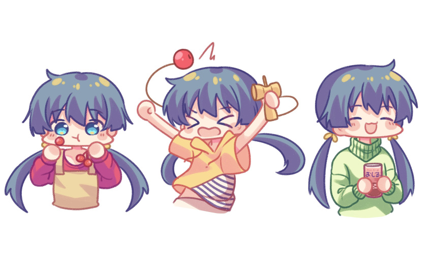 &gt;_&lt; 1girl :d :t ^^^ arms_up black_hair blue_eyes blush_stickers can chibi closed_eyes closed_mouth commentary cropped_torso green_sweater hair_between_eyes highres holding holding_can hood hood_down hoodie idoly_pride kabotd kendama long_hair low_twintails multiple_views okuyama_sumire overalls red_shirt shirt short_sleeves simple_background smile striped sweater turtleneck turtleneck_sweater twintails very_long_hair wavy_mouth white_background yellow_hoodie