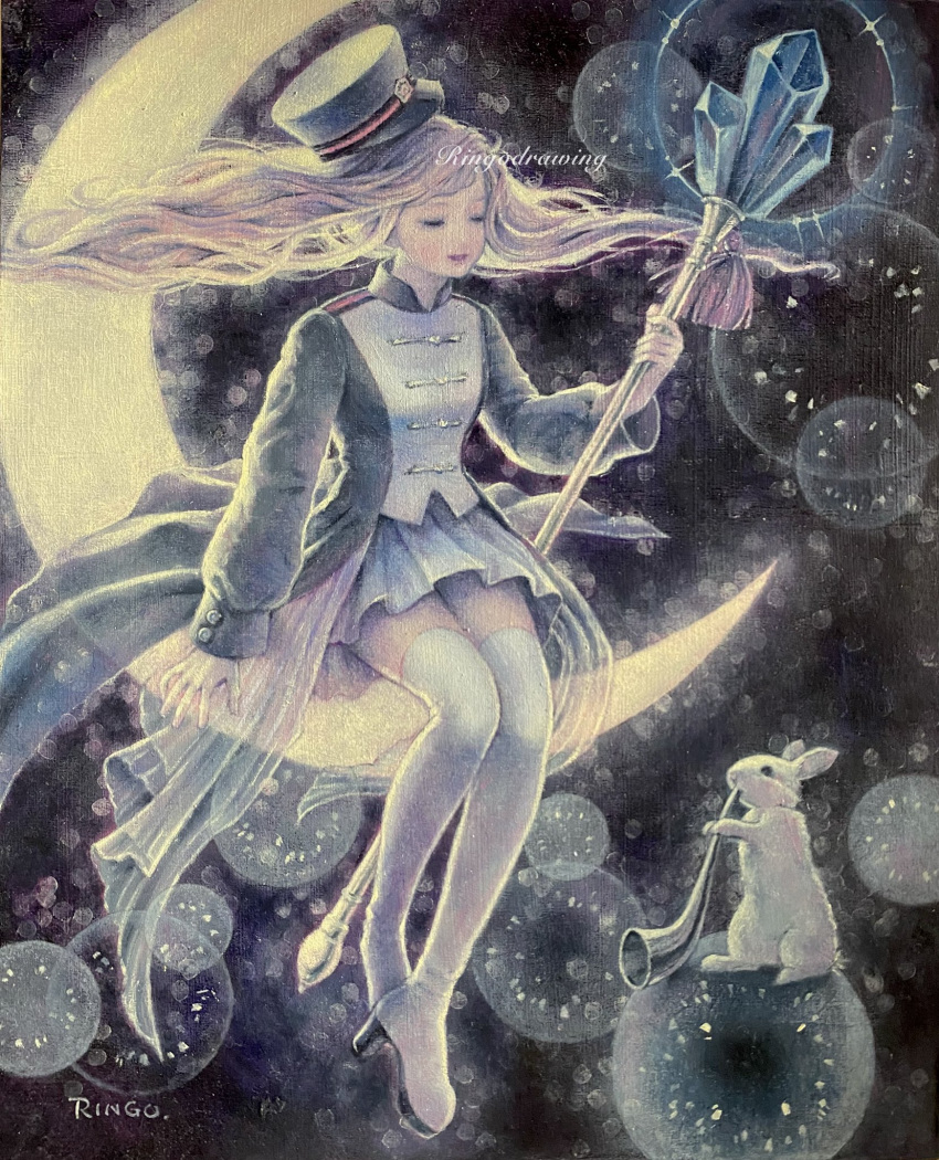 1girl boots bubble closed_eyes commentary_request crescent_moon floating_hair grey_hair hat high_heel_boots high_heels highres holding holding_staff horn_(instrument) jacket long_hair moon oil_painting_(medium) on_crescent original painting_(medium) parted_lips peaked_cap rabbit ringodrawing skirt smile solo staff surreal thigh_boots traditional_media white_footwear white_rabbit_(animal) white_skirt zettai_ryouiki