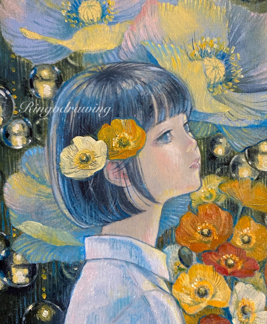 1girl black_hair bob_cut close-up collared_shirt commentary_request expressionless flower grey_eyes hair_flower hair_ornament highres looking_to_the_side oil_painting_(medium) orange_flower original painting_(medium) poppy_(flower) red_flower ringodrawing shirt short_hair solo traditional_media white_shirt yellow_flower