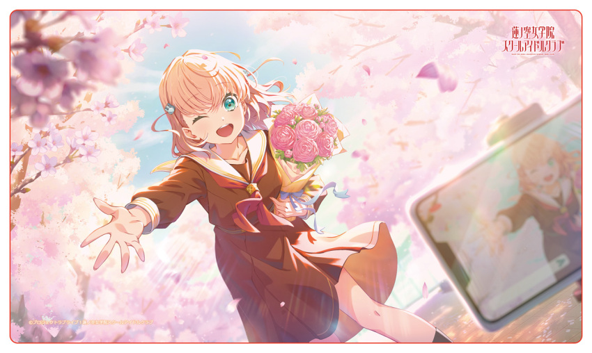 1girl aqua_eyes blonde_hair bouquet brown_dress cellphone cherry_blossoms copyright_name dress hair_ornament hasu_no_sora_school_uniform hinoshita_kaho holding holding_bouquet link!_like!_love_live! love_live! medium_hair neckerchief official_art open_mouth outdoors phone rabbit_hair_ornament reaching reaching_towards_viewer red_neckerchief sailor_collar sailor_dress school_uniform second-party_source serafuku smartphone smile solo taking_picture white_sailor_collar