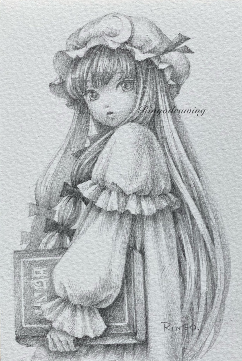 1girl book bow commentary_request crescent crescent_hat_ornament dress graphite_(medium) greyscale hair_bow hat hat_ornament highres holding holding_book long_hair looking_at_viewer mob_cap monochrome parted_lips patchouli_knowledge ringodrawing simple_background solo touhou traditional_media upper_body very_long_hair