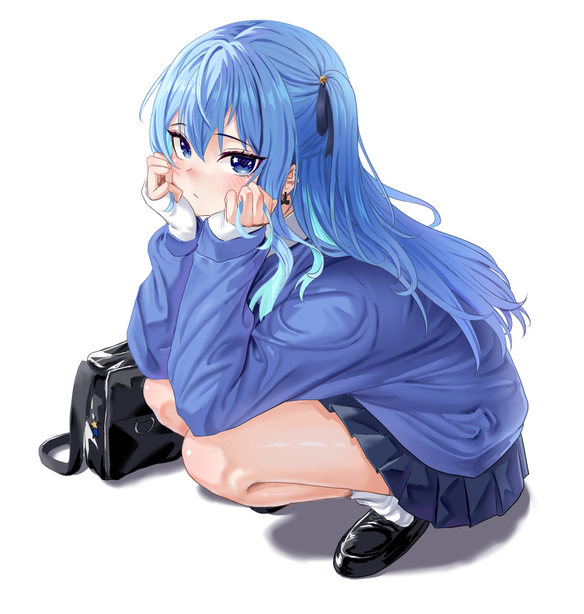 1girl :/ absurdres arm_support bag black_footwear black_ribbon blue_eyes blue_hair blue_skirt blue_sweater blush closed_mouth commentary_request earrings full_body hair_between_eyes hair_ribbon hands_on_own_cheeks hands_on_own_face head_rest highres hololive hoshimachi_suisei jewelry loafers long_sleeves looking_at_viewer one_side_up pleated_skirt ribbon school_bag shirt shoes skirt sleeves_past_wrists socks squatting star_(symbol) star_in_eye sweater symbol_in_eye virtual_youtuber weasaker white_background white_shirt white_socks