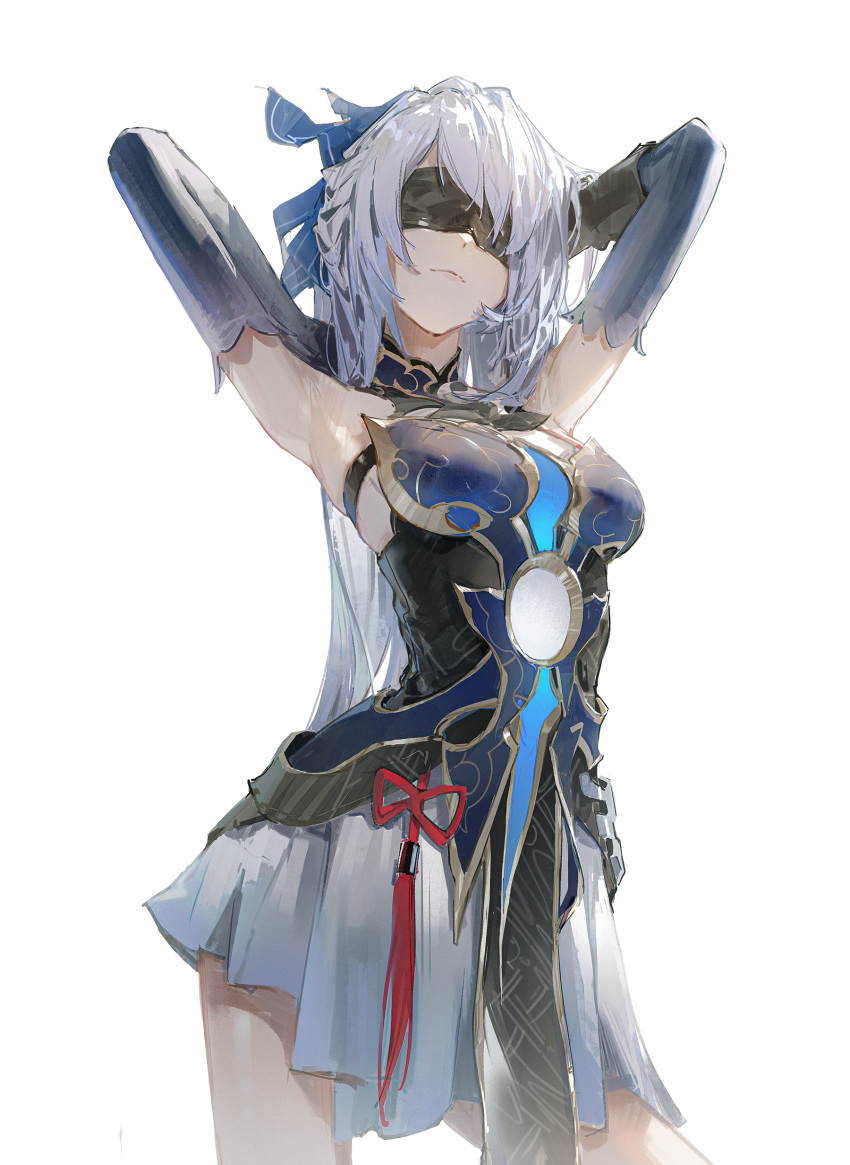 1girl absurdres arms_up black_blindfold blindfold blue_dress blue_ribbon breasts closed_mouth cropped_legs dino_(dinoartforame) dress hair_ribbon highres honkai:_star_rail honkai_(series) jingliu_(honkai:_star_rail) medium_breasts ribbon simple_background smile solo standing white_background white_hair