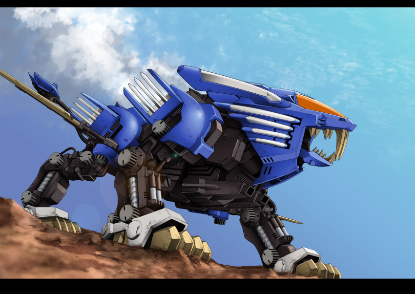 ayato_mabu blade blade_liger blue_sky cannon claws clouds cloudy_sky commentary fangs mecha no_humans robot science_fiction sky solo weapon zoids zoids_chaotic_century