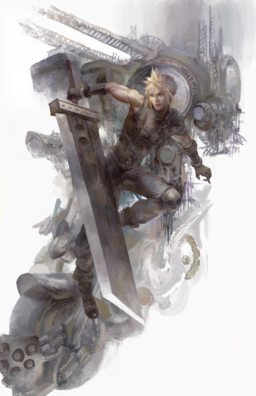 1boy armor blonde_hair blue_eyes boots buster_sword christian_angel closed_mouth cloud_strife commentary english_commentary final_fantasy final_fantasy_vii full_body gloves highres holding holding_sword holding_weapon huge_weapon looking_to_the_side male_focus motor_vehicle motorcycle ribbed_sweater short_hair shoulder_armor single_bare_shoulder sleeveless sleeveless_turtleneck solo spiky_hair suspenders sweater sword toned toned_male turtleneck turtleneck_sweater weapon
