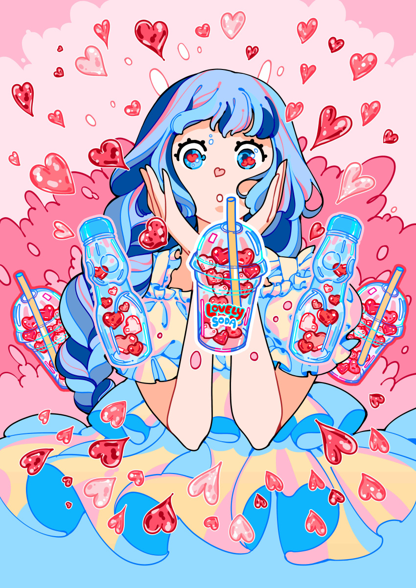 1girl absurdres blue_dress blue_eyes blue_hair blue_theme cup dress drinking_straw frilled_dress frills hands_up heart highres meyoco multicolored_hair original outline parted_lips pink_background pink_theme ramune short_sleeves solo upper_body white_outline