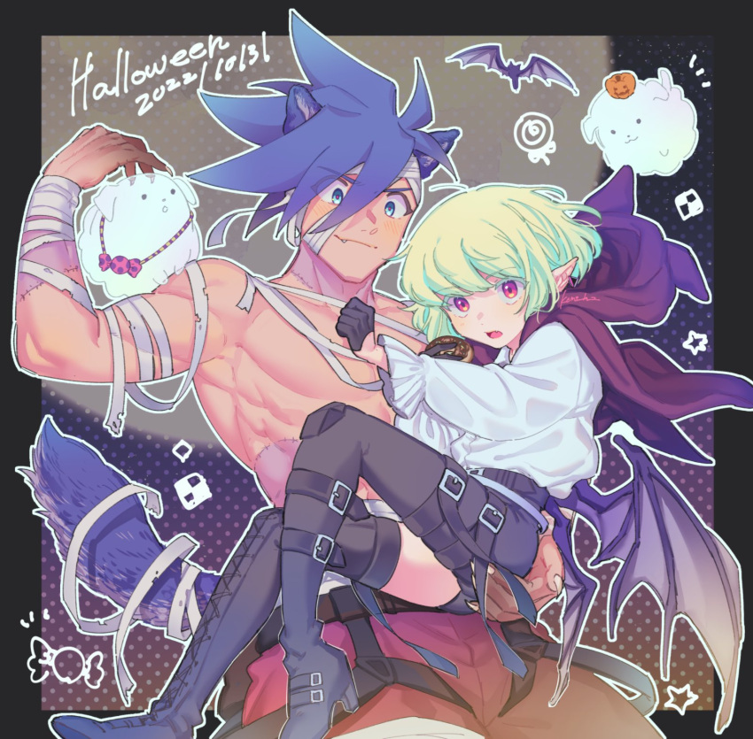 2boys alternate_costume animal_ears asymmetrical_clothes asymmetrical_hair baggy_pants bat_(animal) bat_wings belt black_pants blue_eyes blue_hair boots cape carrying carrying_person commentary dog doughnut earrings fang food galo_thymos green_hair halloween halloween_costume hand_on_another's_ass highres holding holding_food jewelry kome_1022 lio_fotia low_wings male_focus multiple_belts multiple_boys muscular muscular_male open_mouth otoko_no_ko pants pointy_ears promare red_cape red_pants shirt short_hair sidecut single_pantsleg single_thigh_boot smile symbol-only_commentary tail thigh_belt thigh_boots thigh_strap topless_male triangle_earrings undercut vampire vampire_costume violet_eyes werewolf white_shirt wings wolf_boy wolf_ears wolf_tail