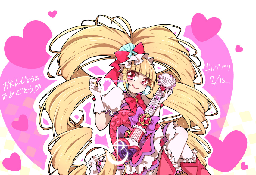 1girl :q absurdres aisaki_emiru blonde_hair blunt_bangs boots bow bowtie commentary_request cure_macherie dated dress drill_hair earrings electric_guitar floating gloves guitar happy_birthday hashtag hat hat_bow heart highres holding holding_instrument holding_plectrum hugtto!_precure instrument jewelry long_hair looking_at_viewer magical_girl partial_commentary plectrum pom_pom_(clothes) pom_pom_earrings poma123poma precure puffy_short_sleeves puffy_sleeves red_bow red_bowtie red_dress red_eyes red_footwear short_dress short_sleeves solo thigh-highs tongue tongue_out translated twintails twitter_username very_long_hair white_gloves white_headwear white_thighhighs