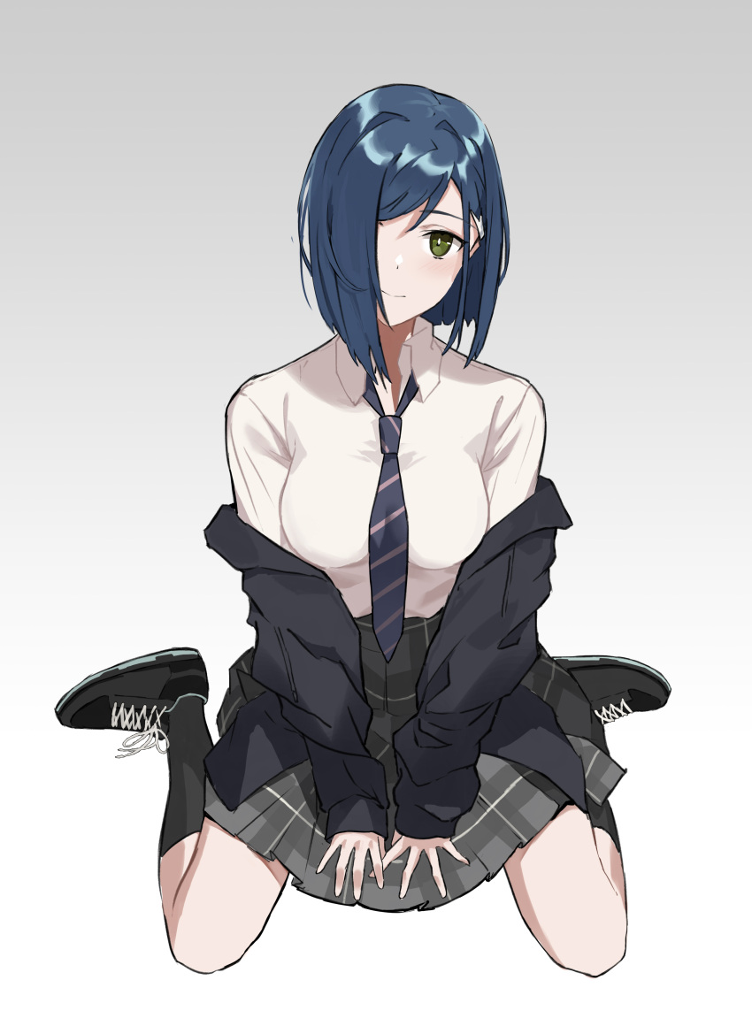 1girl absurdres asymmetrical_bangs black_footwear black_hoodie blue_hair blue_necktie blush bob_cut breasts bright_pupils closed_mouth cocolo_(alexvortexgo) collared_shirt commentary darling_in_the_franxx diagonal-striped_necktie dress_shirt food fruit full_body gradient_background green_eyes grey_background grey_skirt hair_over_one_eye head_tilt highres hood hoodie ichigo_(darling_in_the_franxx) light_blush light_smile long_sleeves looking_at_viewer loose_necktie medium_breasts necktie off_shoulder on_ground open_clothes open_hoodie plaid plaid_skirt pleated_skirt school_uniform shirt shoes short_hair sitting skirt smile sneakers solo spread_fingers strawberry v_arms wariza white_background white_shirt