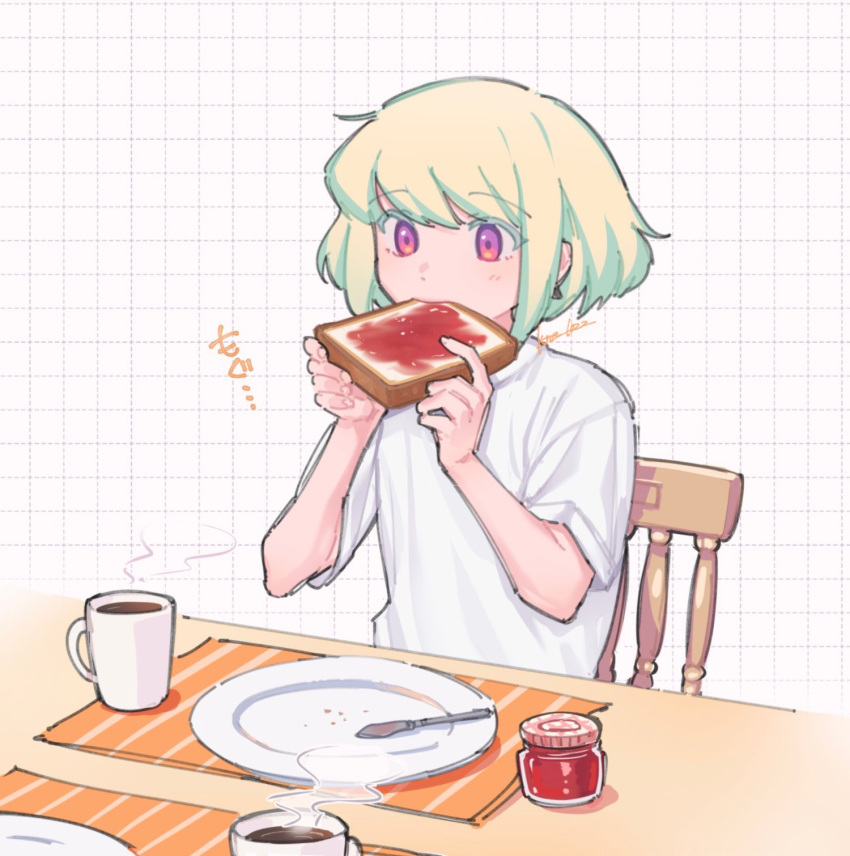 1boy blonde_hair butter_knife chair coffee coffee_mug commentary cup earrings eating food grid_background highres holding holding_food jam jewelry kome_1022 lio_fotia male_focus mug on_chair otoko_no_ko placemat plate promare shirt short_hair solo steam symbol-only_commentary toast triangle_earrings violet_eyes white_background white_shirt