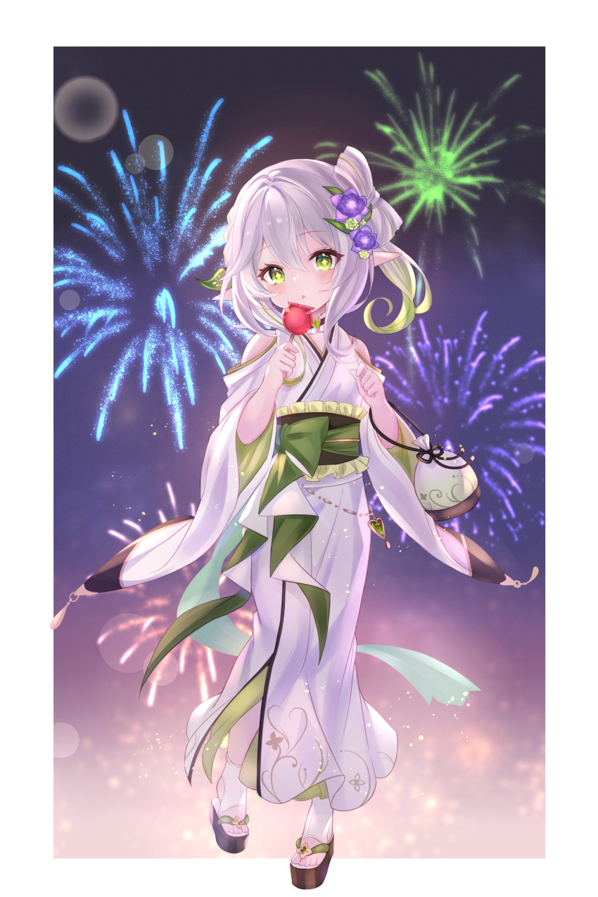 1girl absurdres aerial_fireworks candy_apple chage00 cross-shaped_pupils fireworks flower food genshin_impact green_eyes green_sash hair_between_eyes hair_flower hair_ornament highres holding holding_food japanese_clothes kimono long_hair looking_at_viewer nahida_(genshin_impact) night open_mouth pointy_ears ponytail purple_flower sash solo standing standing_on_one_leg symbol-shaped_pupils white_hair white_kimono