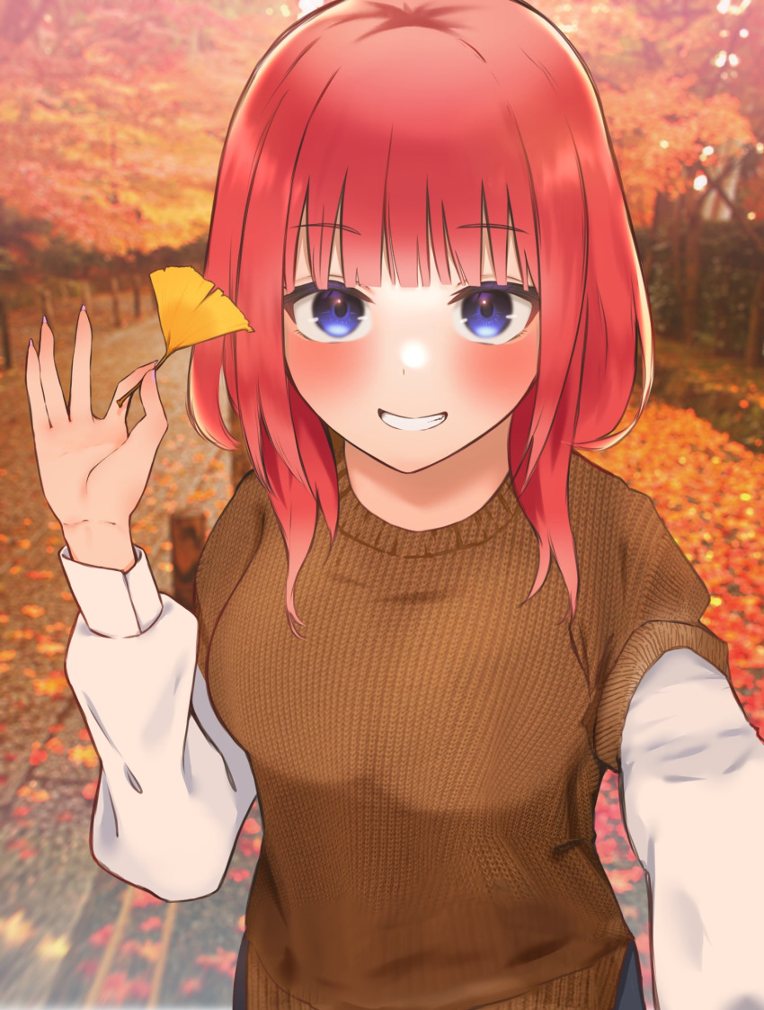 1girl autumn autumn_leaves blue_eyes blunt_bangs blush breasts brown_sweater_vest day fingernails go-toubun_no_hanayome grin hair_down hand_up happy highres holding holding_leaf kakato_0 large_breasts leaf long_fingernails long_sleeves looking_at_viewer medium_hair nail_polish nakano_nino ok_sign outdoors park purple_nails red_eyes selfie shirt smile solo star_(symbol) star_print straight-on straight_hair sweater_vest tree upturned_eyes white_shirt