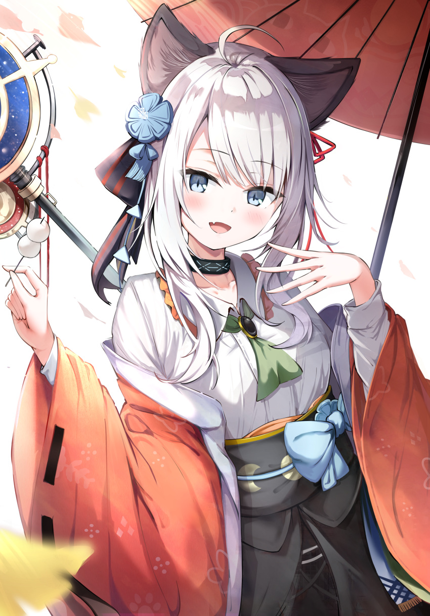 1girl absurdres animal_ears arknights ascot black_hakama blue_eyes blurry blurry_foreground brooch cat_ears cat_girl collared_shirt commentary_request emimeku falling_leaves flower ginkgo_leaf green_ascot hair_flower hair_ornament hakama hand_up highres infection_monitor_(arknights) jacket japanese_clothes jewelry leaf long_sleeves looking_at_viewer mint_(arknights) mint_(tsukiyoi)_(arknights) official_alternate_costume oil-paper_umbrella open_clothes open_jacket red_jacket shirt smile solo staff umbrella weapon weapon_on_back white_background white_hair white_shirt wide_sleeves
