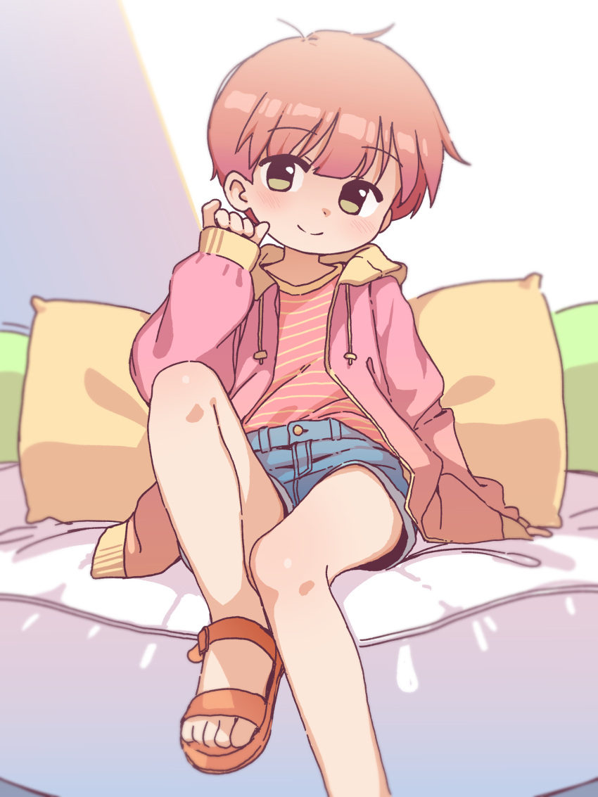 1girl absurdres bare_legs bed blue_shorts blunt_bangs blush casual closed_mouth commentary denim flat_chest full_body green_eyes highres hood hood_down hoodie indoors jacket knees_up long_sleeves looking_at_viewer open_clothes open_jacket orange_hair orenjipiiru original pillow pink_hoodie sandals shirt short_hair short_shorts shorts simple_background sitting smile solo tomboy tomboy_(orenji)