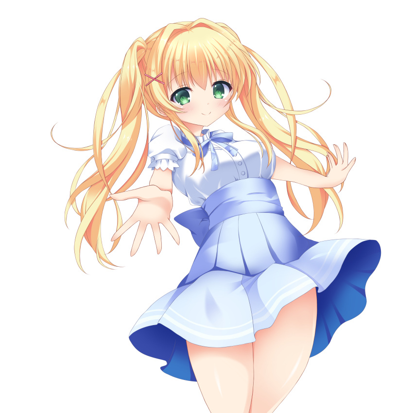 1girl absurdres back_bow blonde_hair blue_bow blue_ribbon blue_skirt blush bow breasts casual citrus_splash closed_mouth commentary_request cowboy_shot eyelashes floating_hair frilled_sleeves frills green_eyes hair_between_eyes hair_intakes hair_ornament high-waist_skirt highres long_hair looking_at_viewer medium_breasts neck_ribbon official_alternate_costume open_hands outstretched_arm puffy_short_sleeves puffy_sleeves reaching reaching_towards_viewer ribbon ringed_eyes shiny_skin shirt short_sleeves sidelocks simple_background skirt smile solo standing summer_pockets tsumugi_wenders twintails white_background white_shirt x_hair_ornament