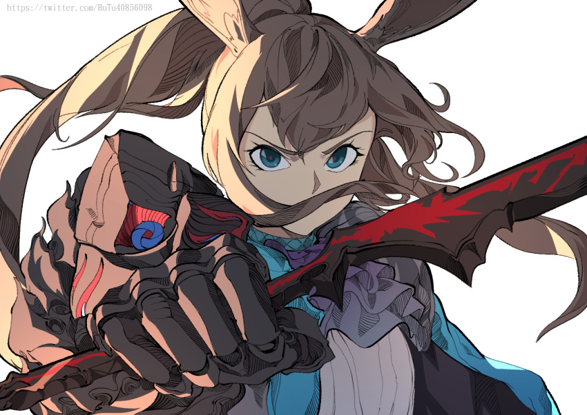 1girl amiya_(arknights) animal_ears aqua_eyes arknights ascot black_coat brown_hair coat covered_mouth gauntlets grey_shirt hand_up holding holding_sword holding_weapon hu_tu long_hair open_clothes open_coat ponytail rabbit_ears reaching reaching_towards_viewer shirt single_gauntlet solo sword twitter_username upper_body v-shaped_eyebrows watermark weapon white_background