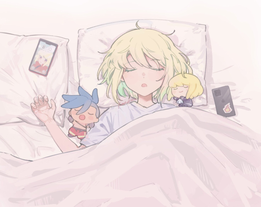 1boy alternate_costume bed bed_sheet blanket blonde_hair cellphone character_doll closed_eyes galo_thymos kome_1022 lio_fotia lying male_focus on_back on_bed open_mouth otoko_no_ko phone pillow promare short_hair sleeping smartphone solo under_covers violet_eyes