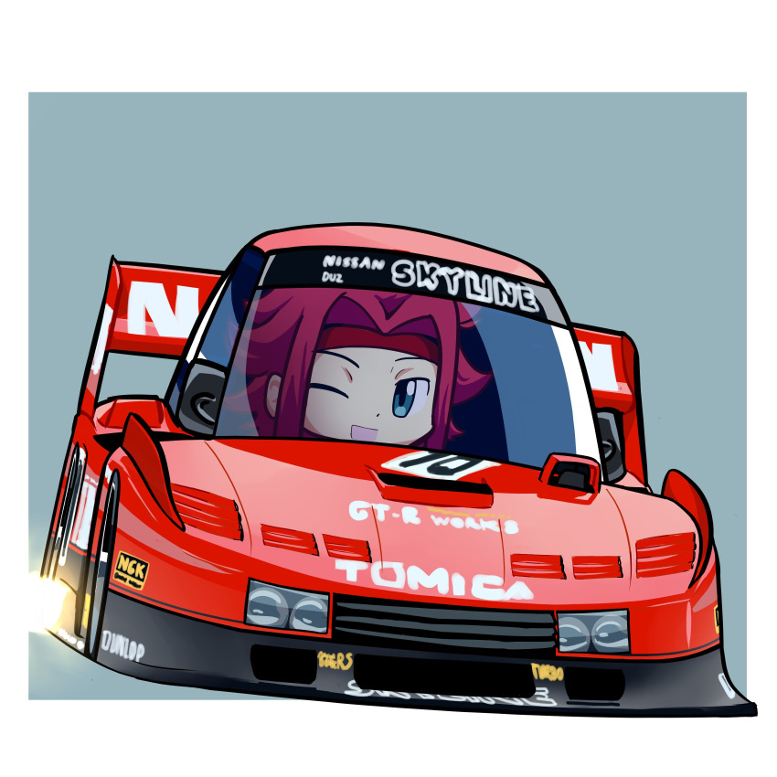 1girl absurdres blue_eyes border car chibi code_geass driving dunlop duz english_commentary fire grey_background headband highres kallen_stadtfeld le_mans_prototype looking_at_viewer motor_vehicle nissan nissan_skyline one_eye_closed open_mouth race_vehicle racecar red_headband redhead short_hair smile solo vehicle_focus white_border