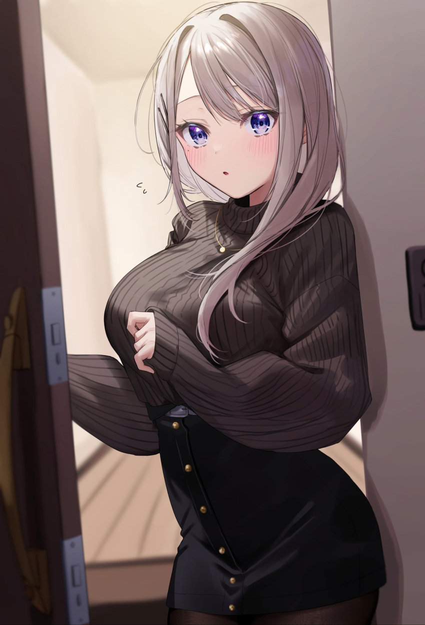 1girl :o belt_buckle black_pantyhose black_skirt black_sweater blue_eyes blurry blush breasts buckle buttons chigusa_minori commentary_request cowboy_shot depth_of_field door door_handle grey_hair hair_ornament hairclip high-waist_skirt highres indoors jewelry large_breasts long_hair long_sleeves looking_at_viewer necklace pantyhose parted_lips ribbed_sweater saotome_shino_(shino_to_ren) shino_to_ren skirt sleeves_past_wrists solo sweater