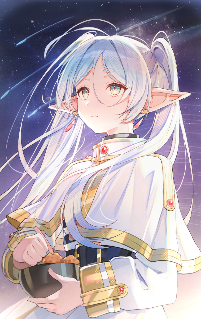 1girl :t absurdres belt bowl capelet chewing closed_mouth comet dress earrings elf forehead frieren gradient_eyes green_eyes grey_hair highres holding holding_bowl jewelry long_hair long_sleeves looking_up misyune multicolored_eyes night night_sky outdoors parted_bangs pointy_ears shooting_star sky solo sousou_no_frieren standing star_(sky) starry_sky thick_eyebrows twintails upper_body white_capelet white_dress yellow_eyes