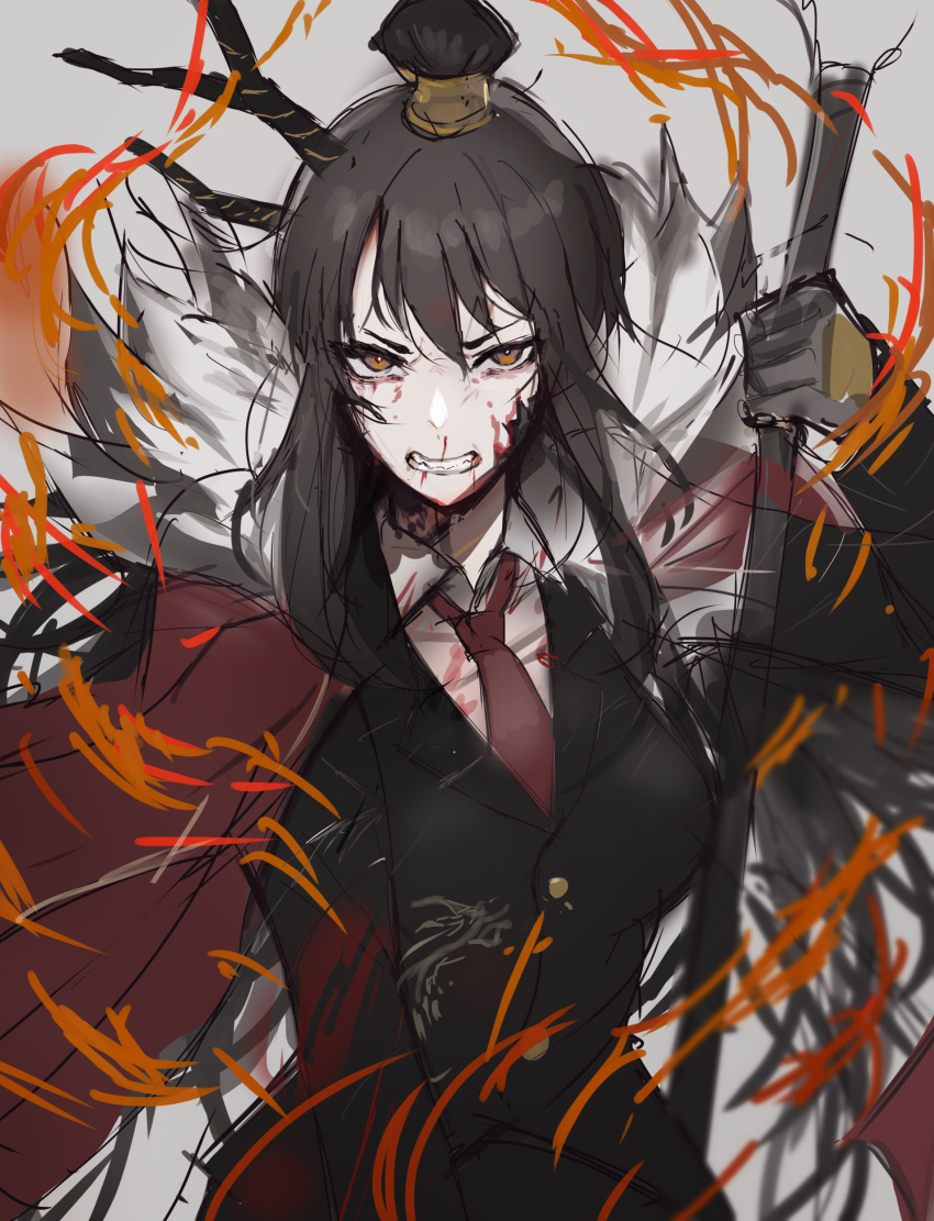 1girl absurdres black_gloves black_hair black_jacket black_pants blood blood_on_clothes blood_on_face breasts cape chuhaibane clenched_teeth e.g.o_(project_moon) fur-trimmed_cape fur_trim gloves guan_dao hair_bun highres holding holding_weapon horns jacket library_of_ruina long_hair medium_breasts necktie pants project_moon red_cape red_eyes red_necktie sidelocks solo teeth very_long_hair weapon xiao_(library_of_ruina)